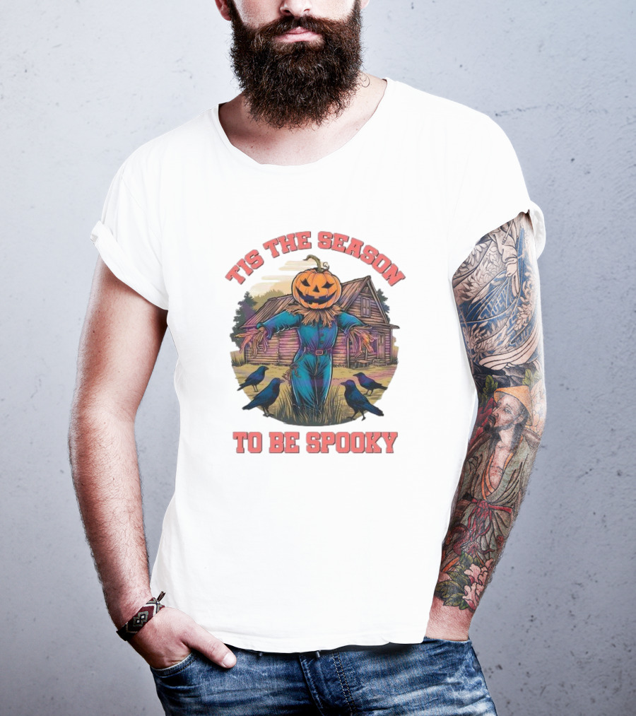 Tis The Season To Be Spooky Pumpkin Head Scarecrow With Crows In Front Of Haunted House T-Shirt