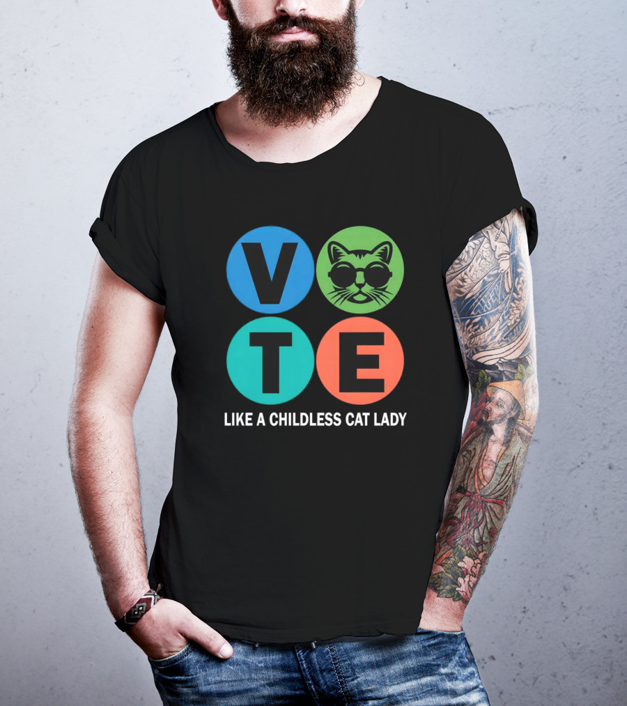 Vote Like A Childless Cat Lady Retro Circle Cat Face T-Shirt