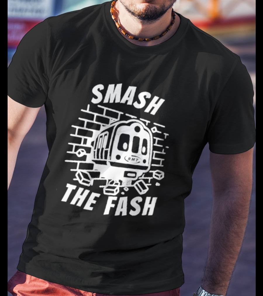 Manchester South RMT Smash The Fash Train Breaking Through Brick Wall T-Shirt