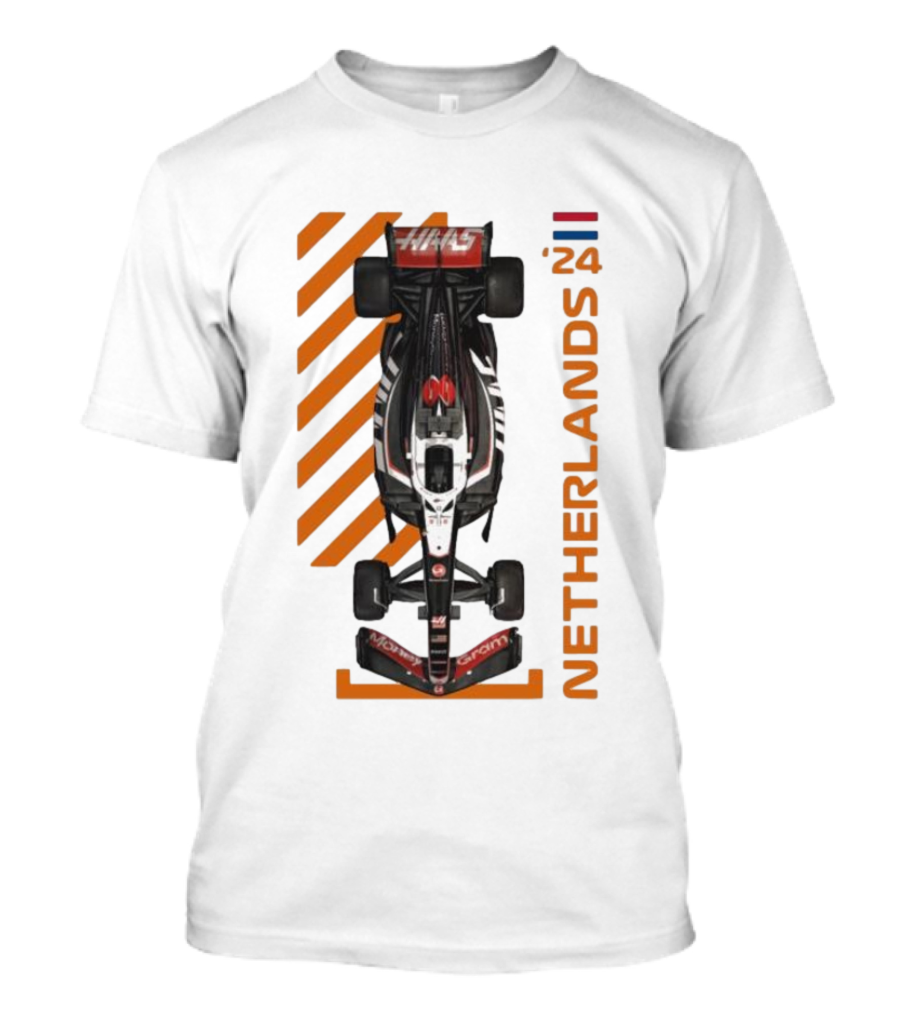 Haas F1 Racing Car Netherlands 24 Orange Stripes Racing Formula 1 T-Shirt