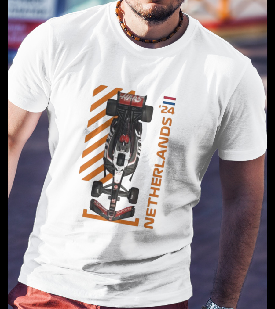 Haas F1 Racing Car Netherlands 24 Orange Stripes Racing Formula 1 T-Shirt