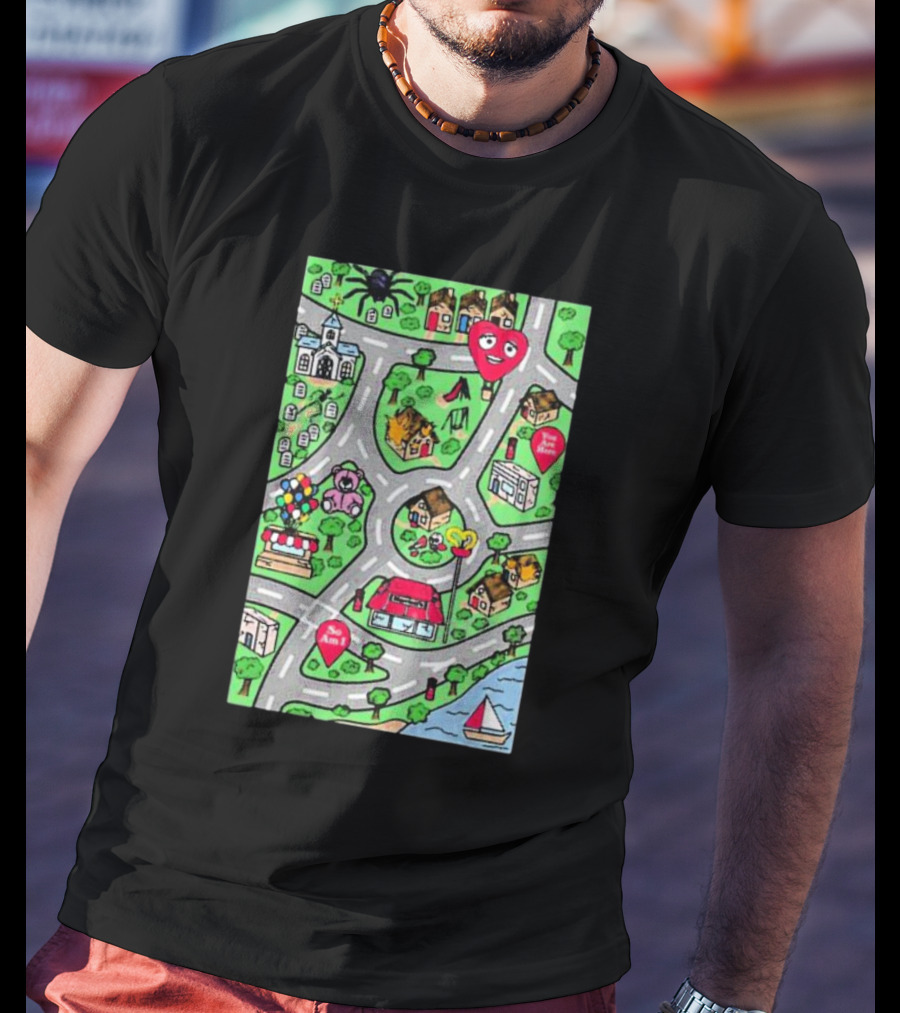 Are We There Yet Cute Cartoon Map With Smiling Landmarks And Colorful Scenery T-Shirt