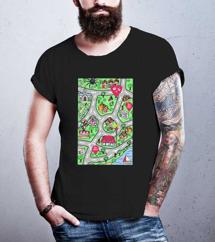 Are We There Yet Cute Cartoon Map With Smiling Landmarks And Colorful Scenery T-Shirt