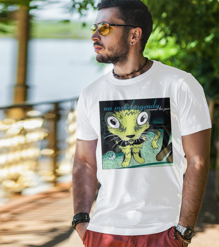 Nu Metal Agenda Around The Purr Feline Illustration With Swirling Colors And Bold Letters T-Shirt