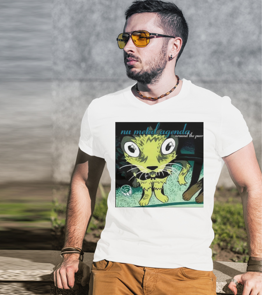 Nu Metal Agenda Around The Purr Feline Illustration With Swirling Colors And Bold Letters T-Shirt