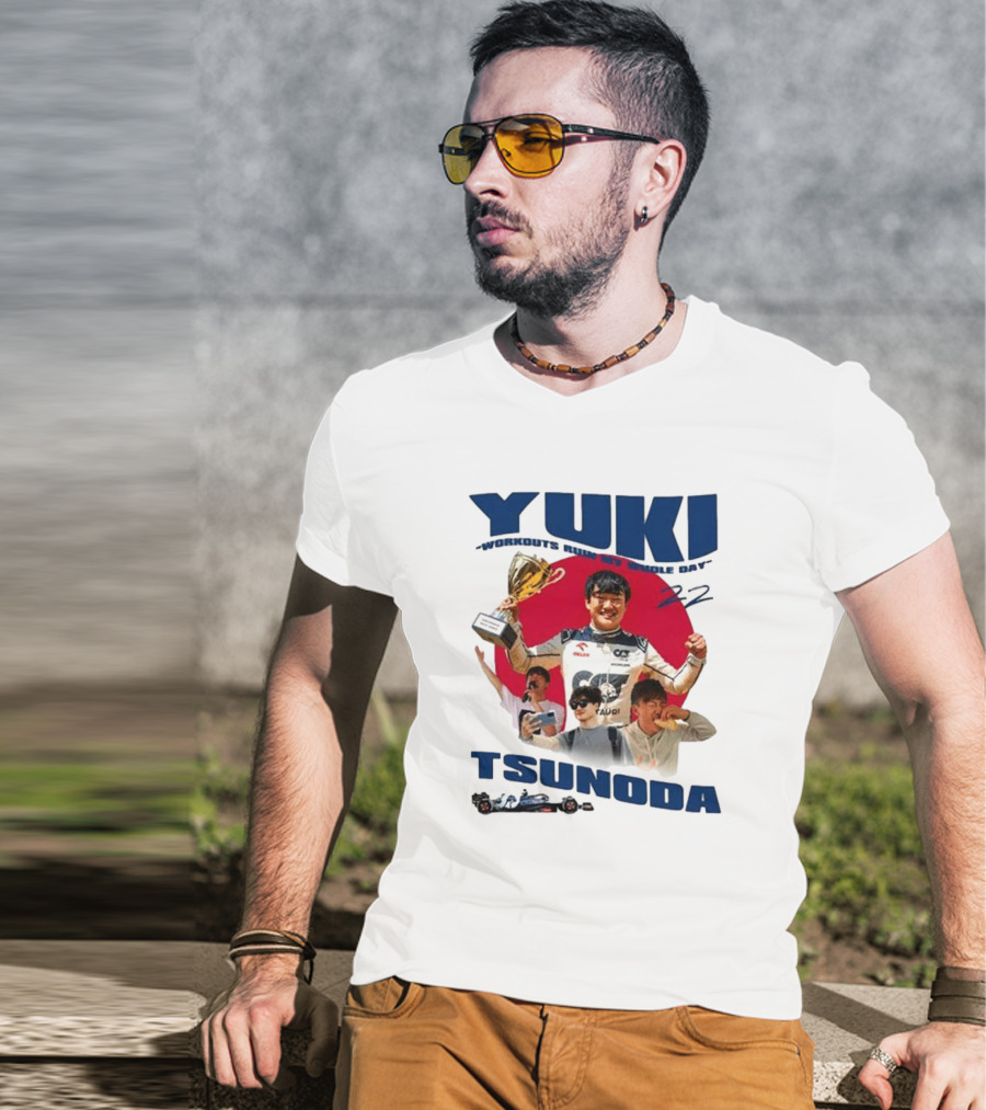 Yuki Tsunoda Victory Celebration With Racing Imagery And Text 'Run My Whole Day 22' T-Shirt