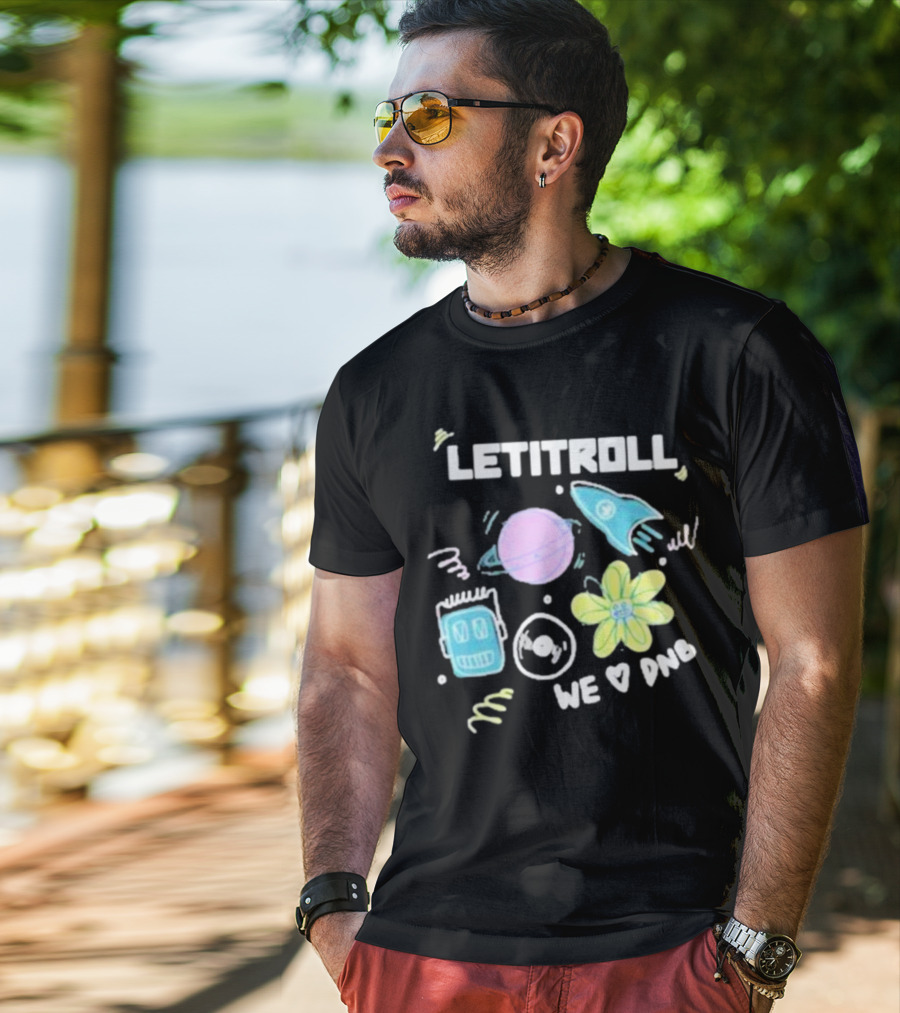 LETITROLL We Love DNB Planet Rocket Robot Flower T-Shirt