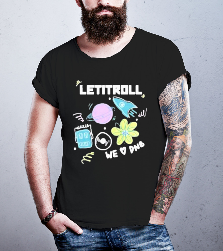 LETITROLL We Love DNB Planet Rocket Robot Flower T-Shirt