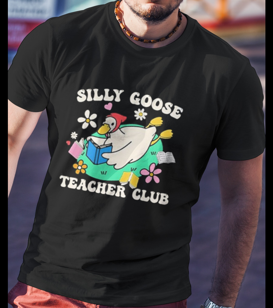 Silly Goose Teacher Club Reading Duck With Flowers And Open Books T-Shirt