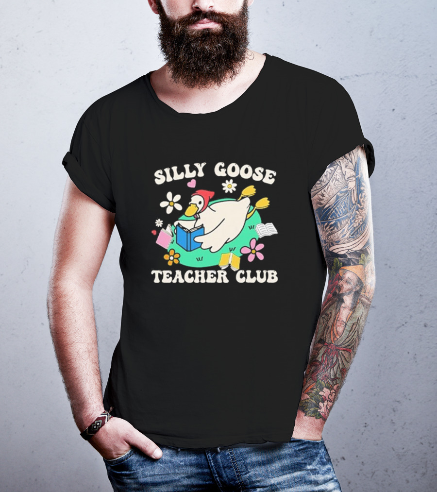 Silly Goose Teacher Club Reading Duck With Flowers And Open Books T-Shirt