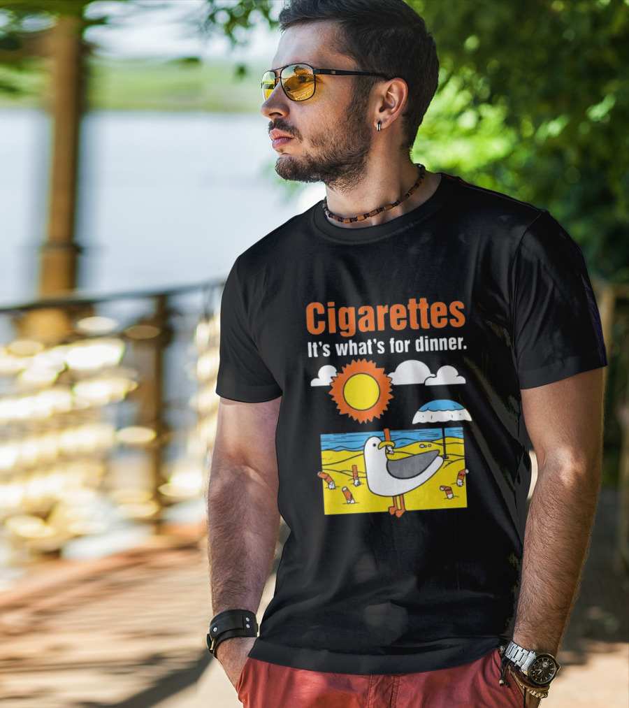 Cigarettes It's What's For Dinner Beach Seagull Cartoon With Sun And Umbrella T-Shirt