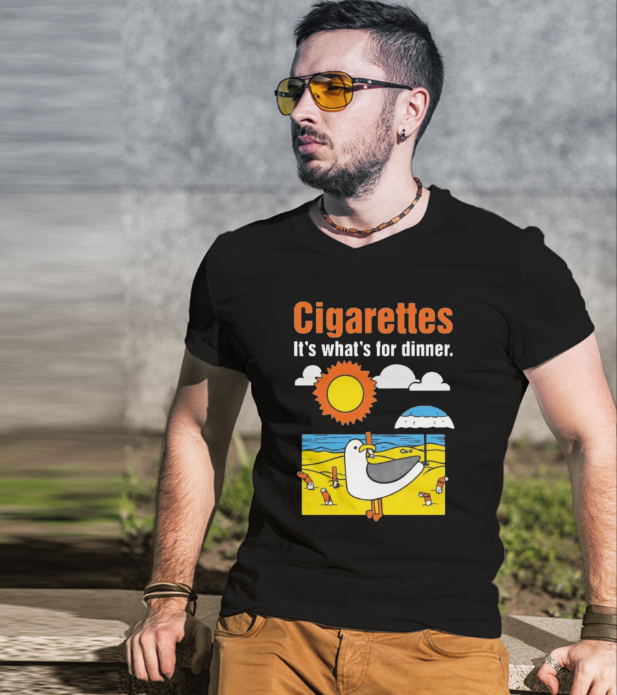 Cigarettes It's What's For Dinner Beach Seagull Cartoon With Sun And Umbrella T-Shirt