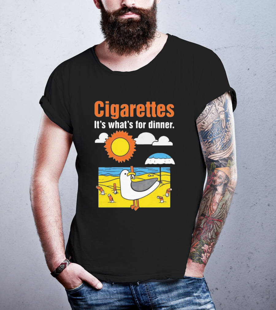 Cigarettes It's What's For Dinner Beach Seagull Cartoon With Sun And Umbrella T-Shirt