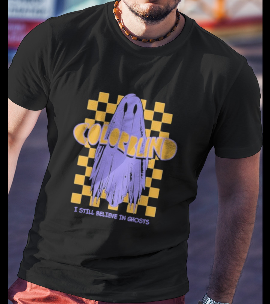 Colorblind I Still Believe In Ghosts Purple Ghost On Yellow Checkered Background T-Shirt