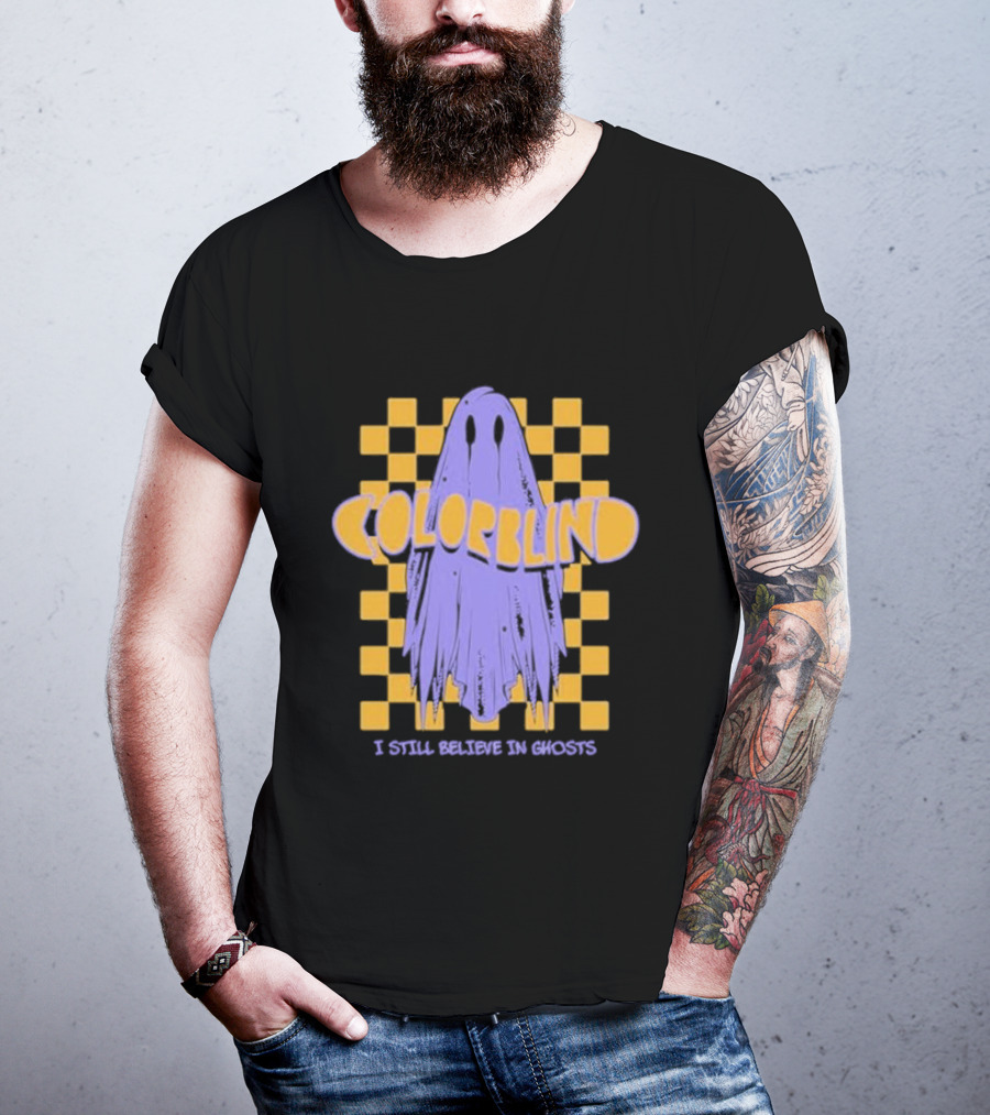 Colorblind I Still Believe In Ghosts Purple Ghost On Yellow Checkered Background T-Shirt