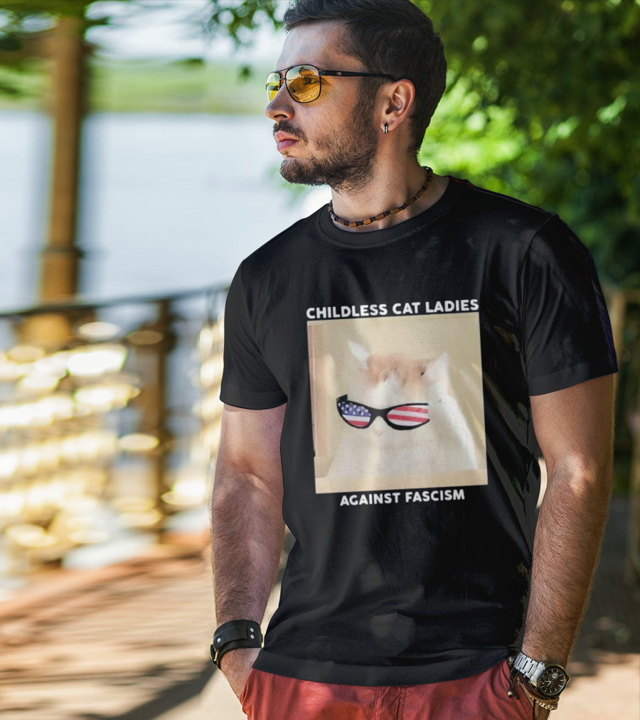 Childless Cat Ladies Against Fascism Patriotic Sunglasses T-Shirt