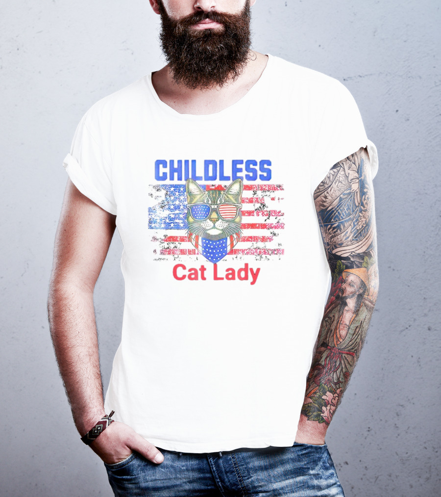Childless Cat Lady USA Flag Sunglasses T-Shirt