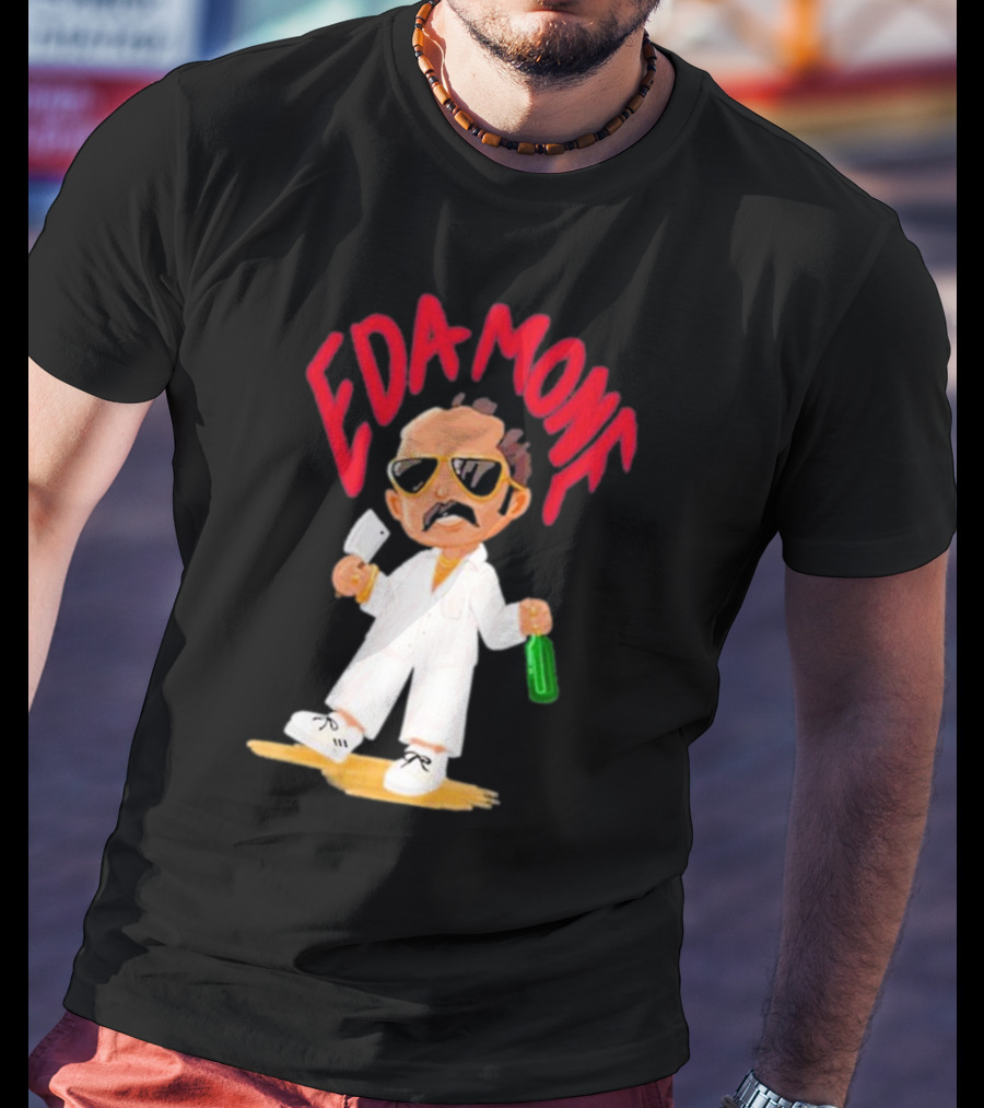 Eda Mone Rangan Chettan Cartoon Character In White Suit With Sunglasses Holding Cleaver And Bottle T-Shirt