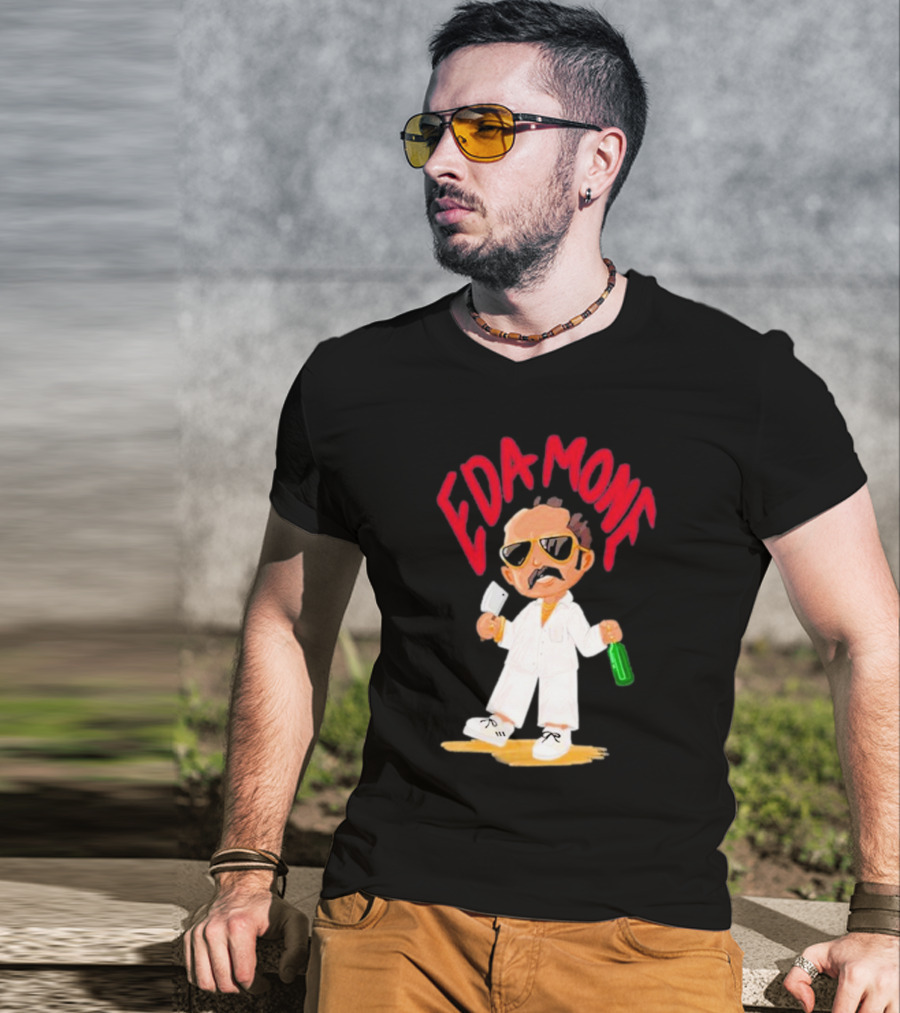 Eda Mone Rangan Chettan Cartoon Character In White Suit With Sunglasses Holding Cleaver And Bottle T-Shirt
