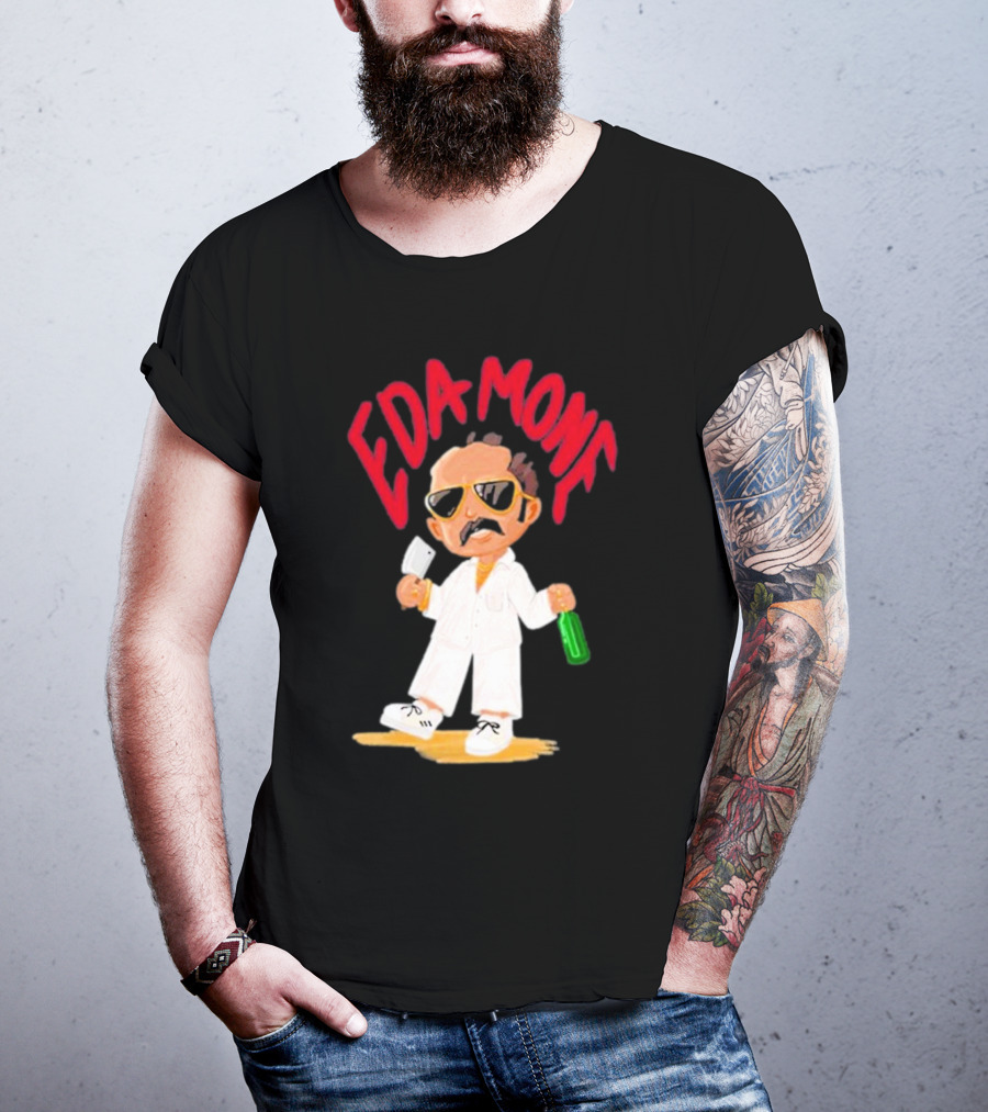 Eda Mone Rangan Chettan Cartoon Character In White Suit With Sunglasses Holding Cleaver And Bottle T-Shirt