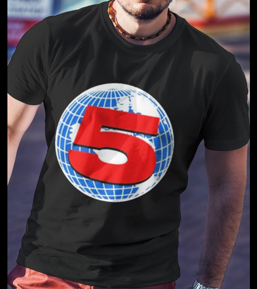 Red Number 5 On Blue And White Globe Background T-Shirt