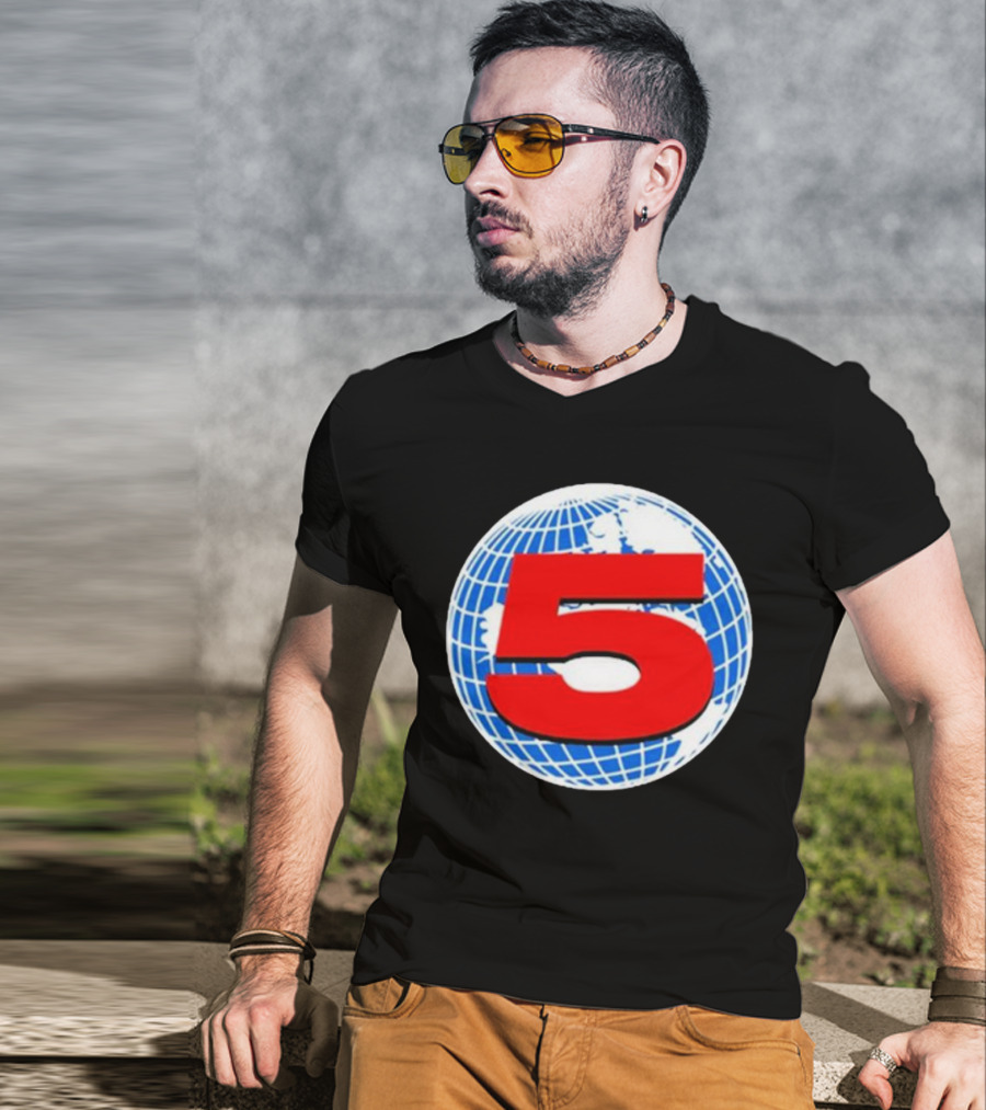 Red Number 5 On Blue And White Globe Background T-Shirt