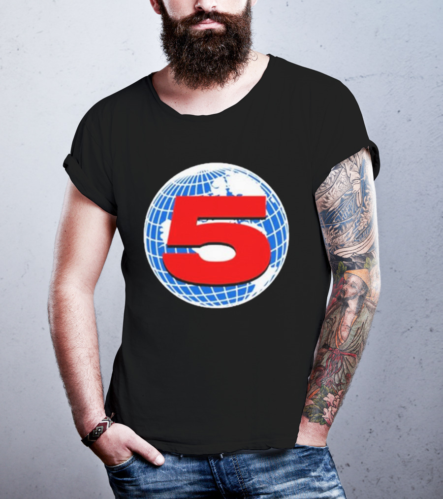 Red Number 5 On Blue And White Globe Background T-Shirt