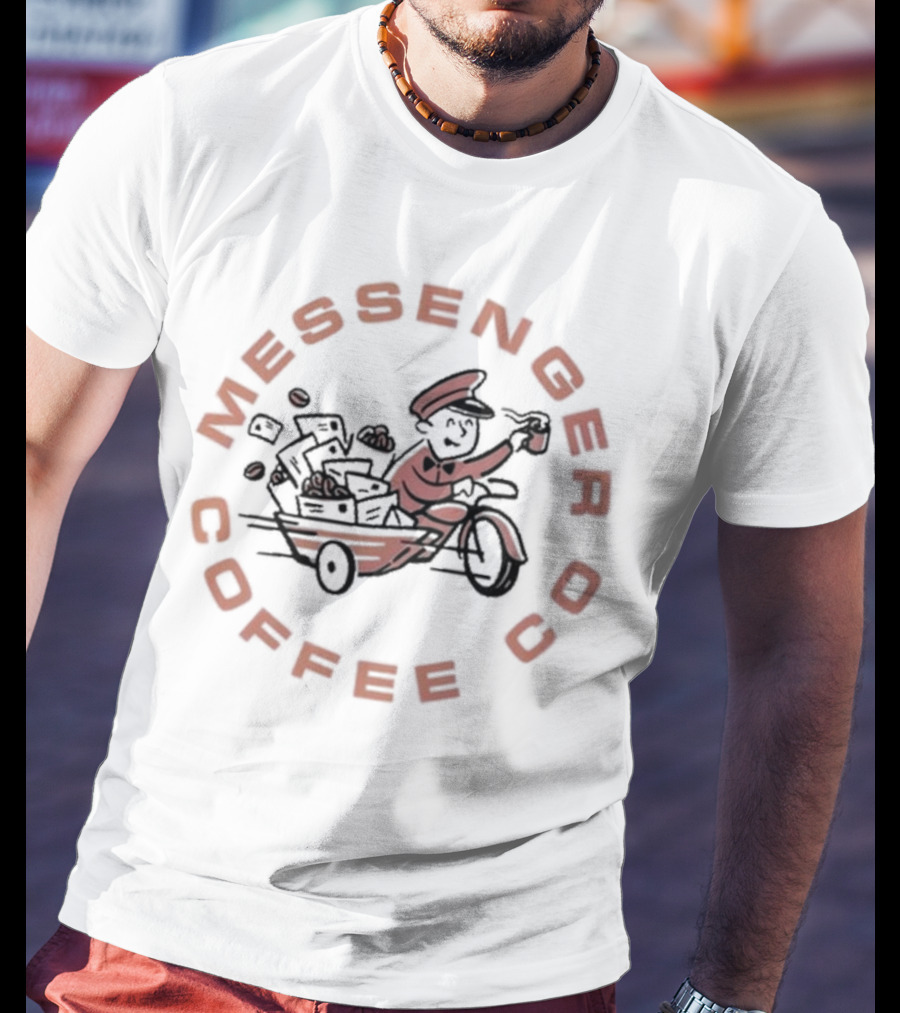 Messenger Coffee Co Vintage White Mail Carrier With Coffee Cup T-Shirt