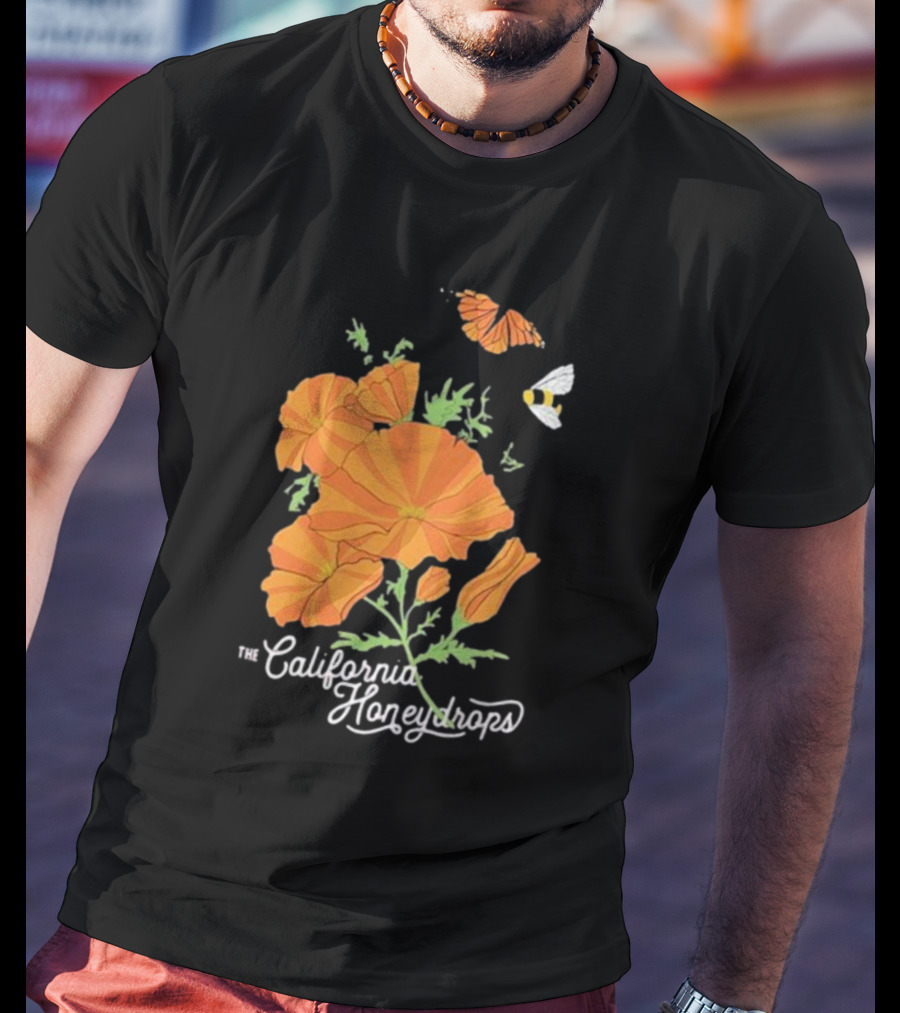 The California Honeydrops Orange Poppies Meadow With Butterfly And Bee T-Shirt
