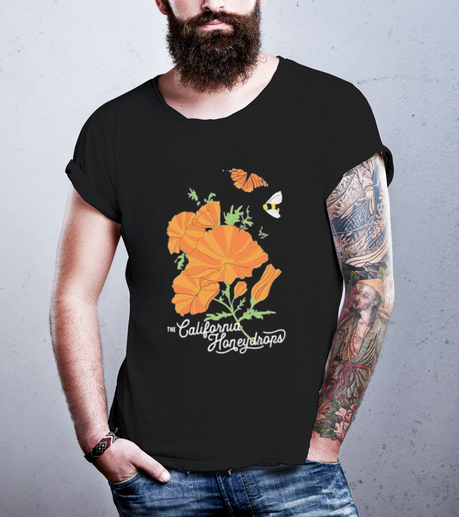 The California Honeydrops Orange Poppies Meadow With Butterfly And Bee T-Shirt