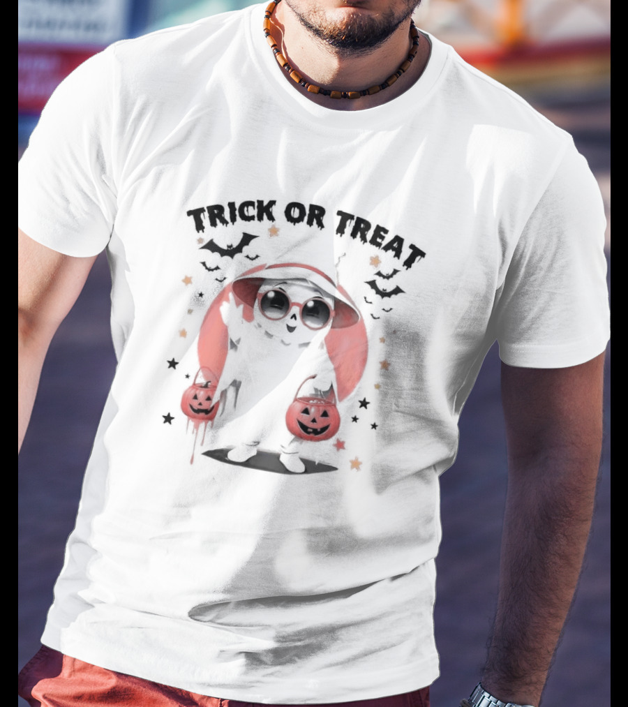 Trick Or Treat Cute Ghost With Pumpkin Bats And Glasses T-Shirt