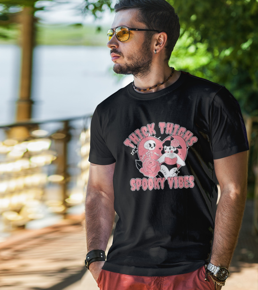 Thick Thighs Spooky Vibes Skeleton Heart Pin-Up Rose T-Shirt