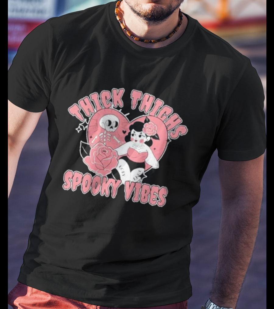 Thick Thighs Spooky Vibes Skeleton Heart Pin-Up Rose T-Shirt