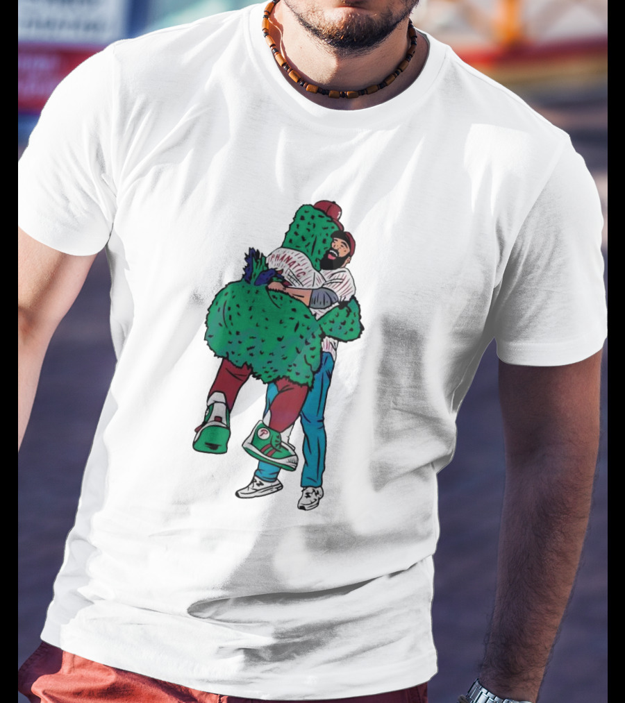 Phanatic Phillies Mascot Embrace With Baseball Player T-Shirt