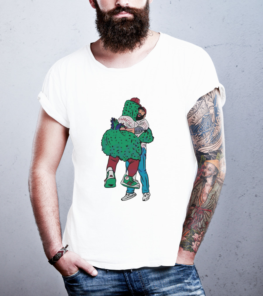 Phanatic Phillies Mascot Embrace With Baseball Player T-Shirt