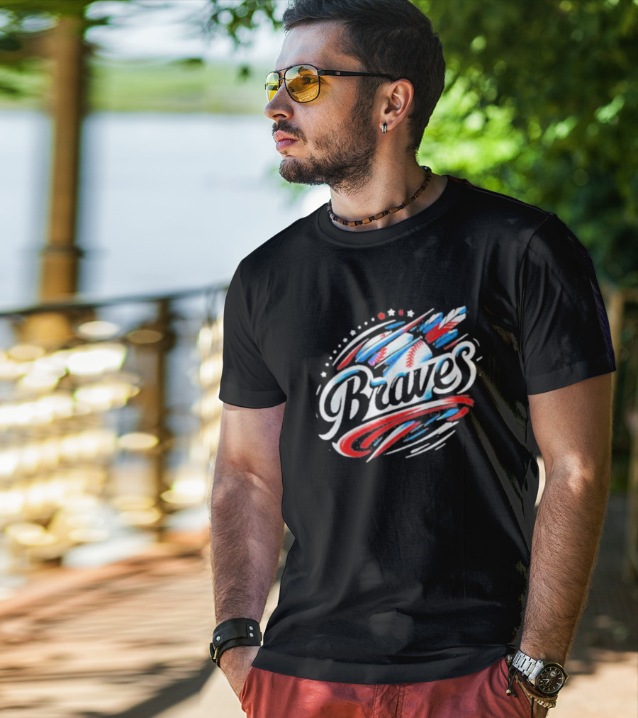 Braves Baseball Feathers MLB Team Logo With Stars And Stripes Motif T-Shirt