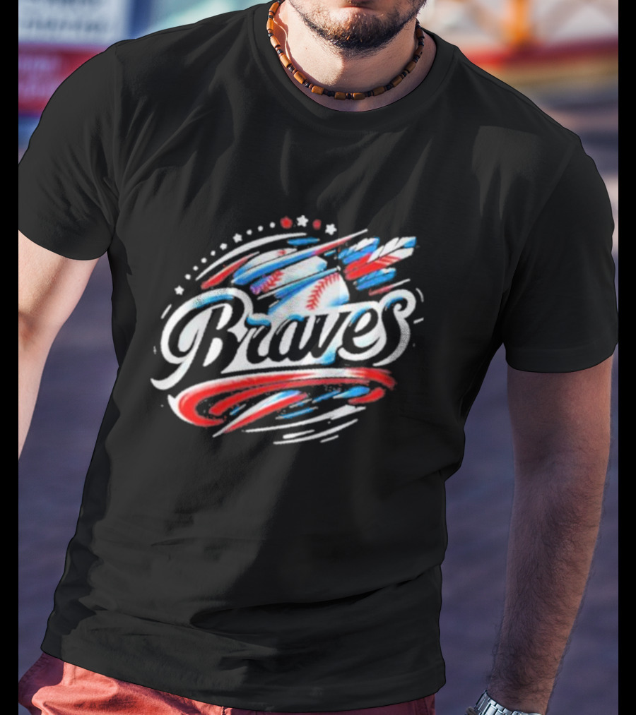 Braves Baseball Feathers MLB Team Logo With Stars And Stripes Motif T-Shirt