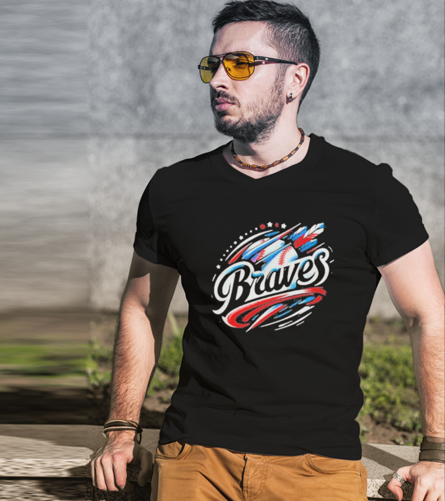 Braves Baseball Feathers MLB Team Logo With Stars And Stripes Motif T-Shirt