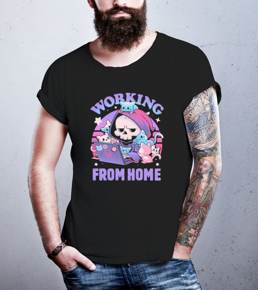 Working From Home Reaper With Cats Using Computer T-Shirt