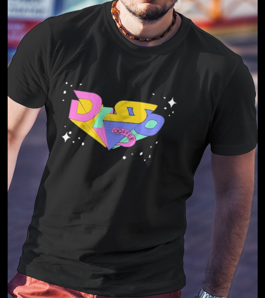 Disso Coffee Retro 3D Text Colorful Shapes With Stars T-Shirt