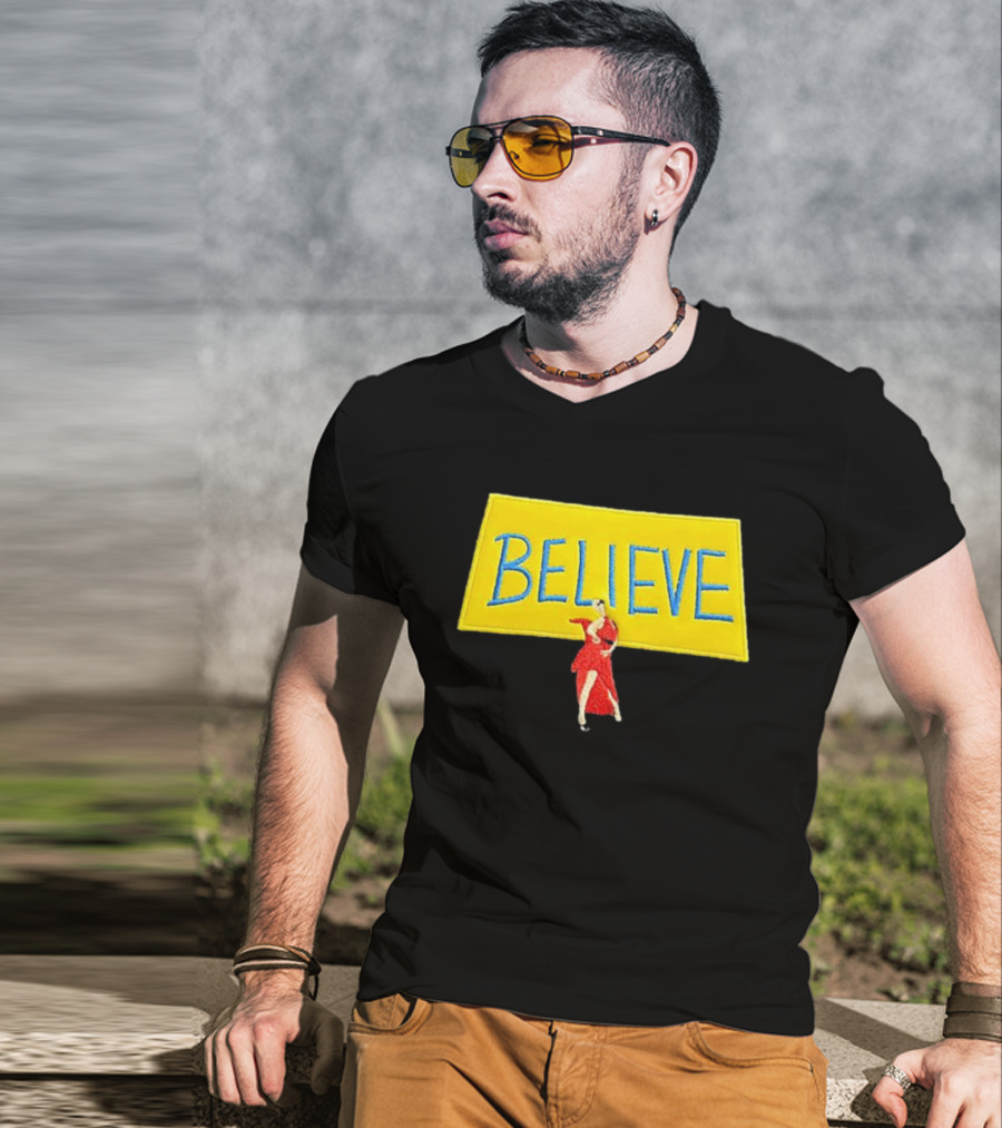 Hannah Waddingham Believe Yellow Sign With Red Dress T-Shirt