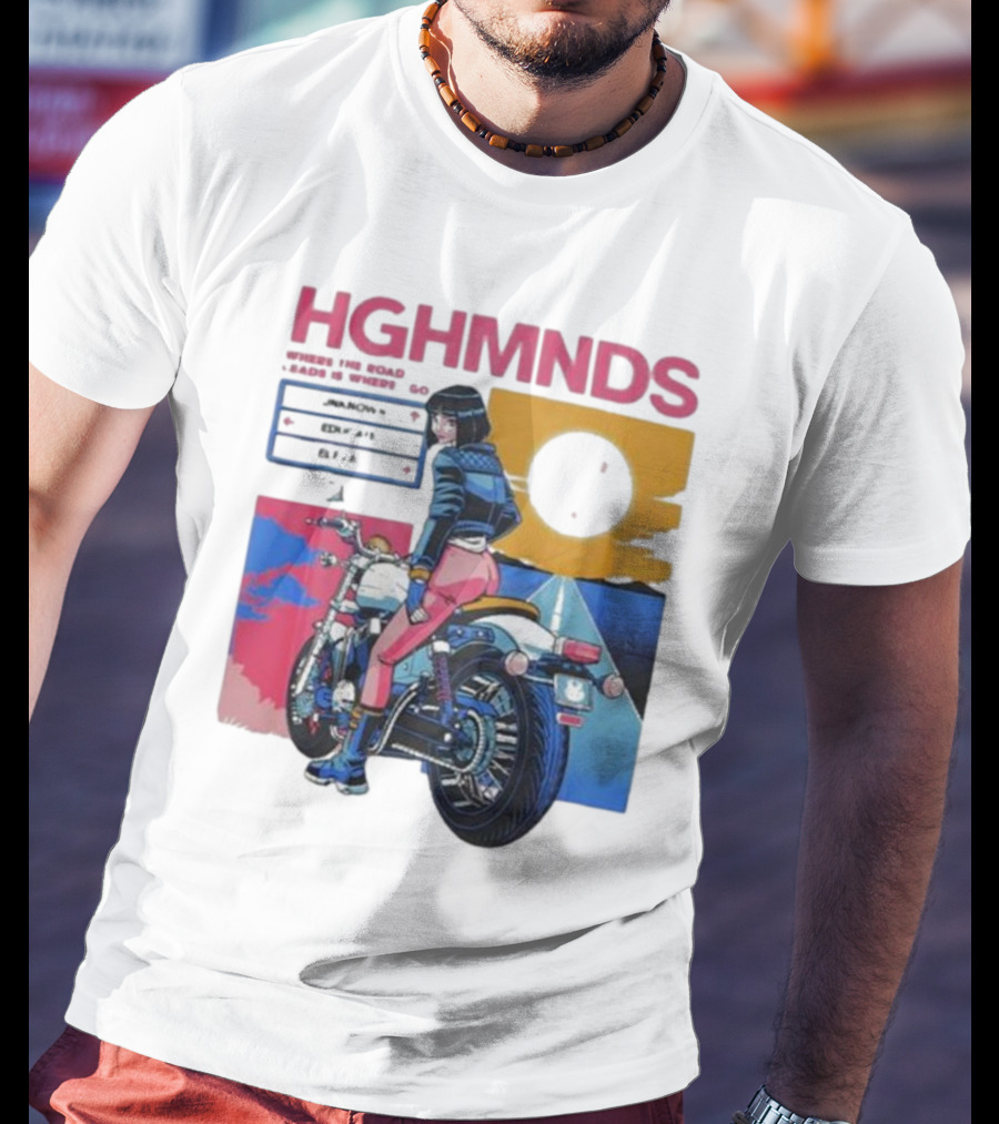 Hghmnds Where The Road Leads Is Where I Go Unknown Educate Elevate Biker Anime Style Moon Sun Desert Journey T-Shirt