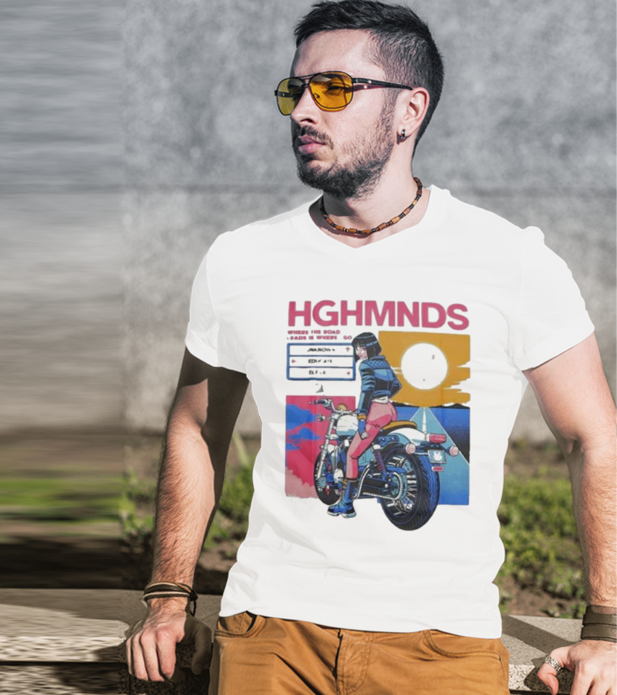 Hghmnds Where The Road Leads Is Where I Go Unknown Educate Elevate Biker Anime Style Moon Sun Desert Journey T-Shirt