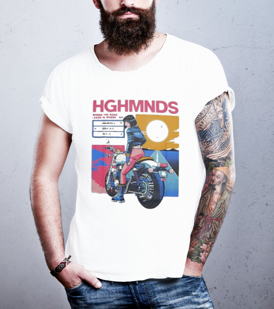 Hghmnds Where The Road Leads Is Where I Go Unknown Educate Elevate Biker Anime Style Moon Sun Desert Journey T-Shirt
