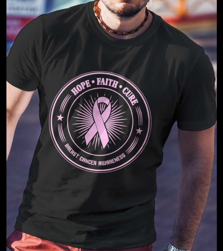 Hope Faith Cure Breast Cancer Awareness Pink Ribbon Emblem T-Shirt