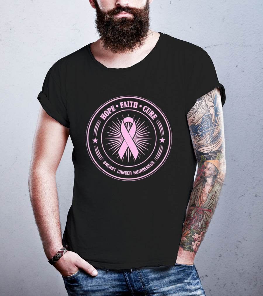 Hope Faith Cure Breast Cancer Awareness Pink Ribbon Emblem T-Shirt
