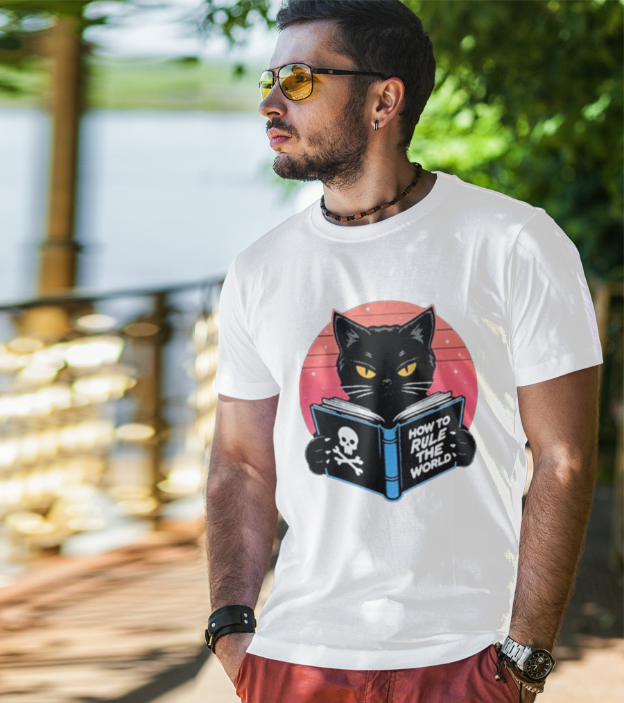 How To Rule The World Black Cat Reading Book With Skull T-Shirt