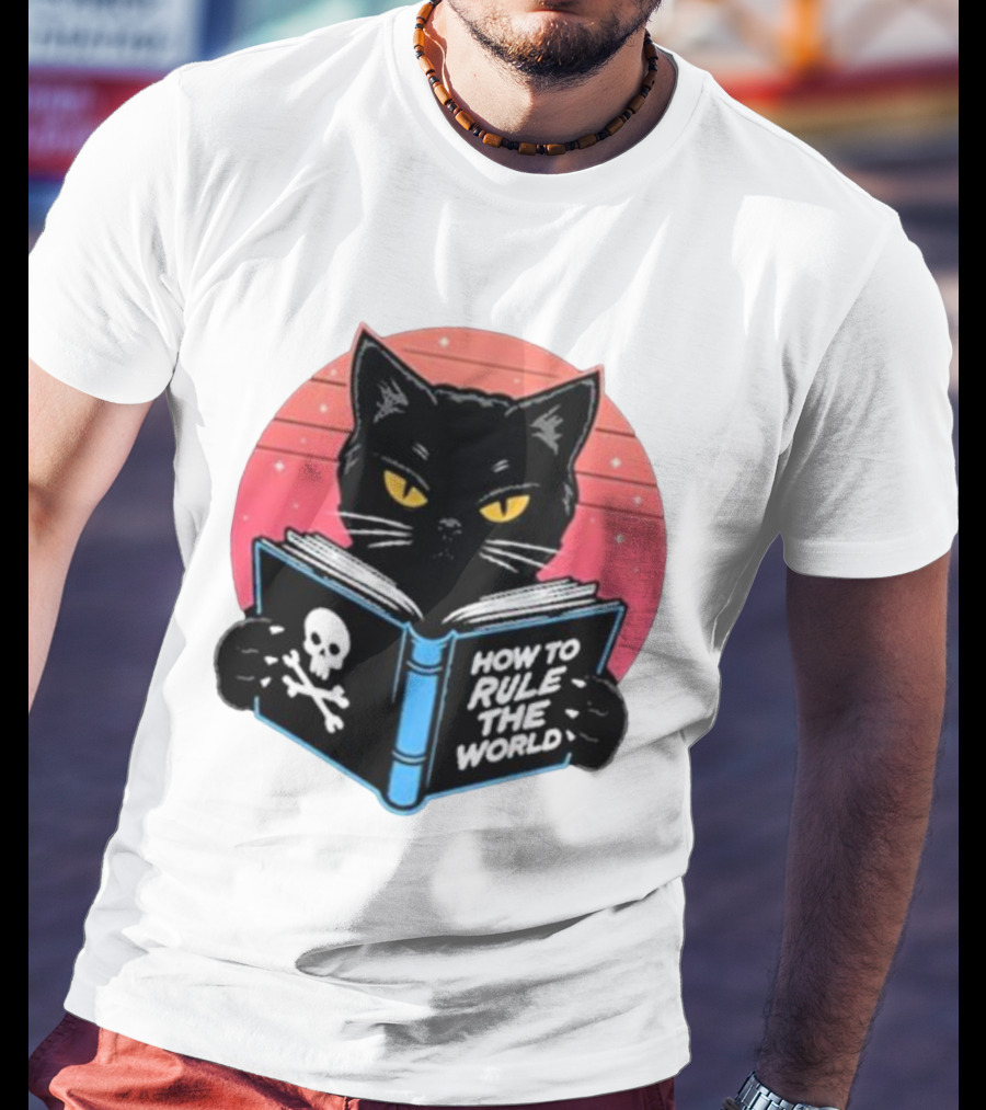 How To Rule The World Black Cat Reading Book With Skull T-Shirt