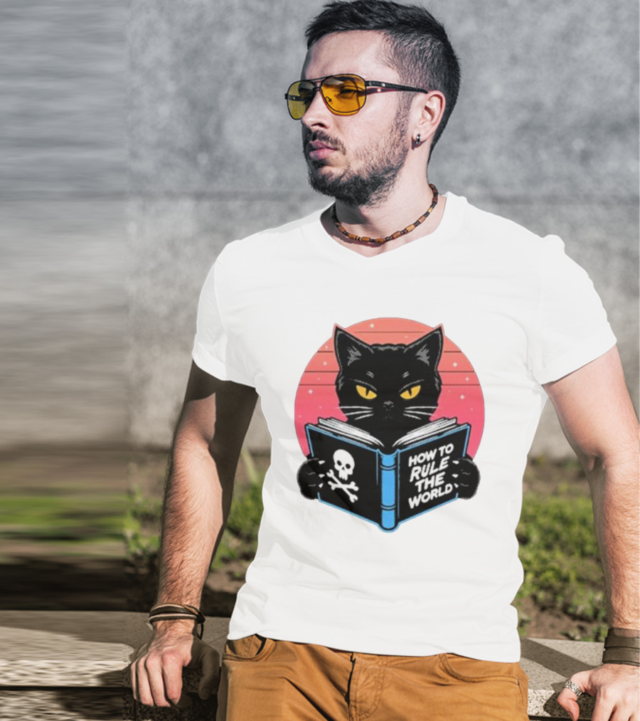 How To Rule The World Black Cat Reading Book With Skull T-Shirt