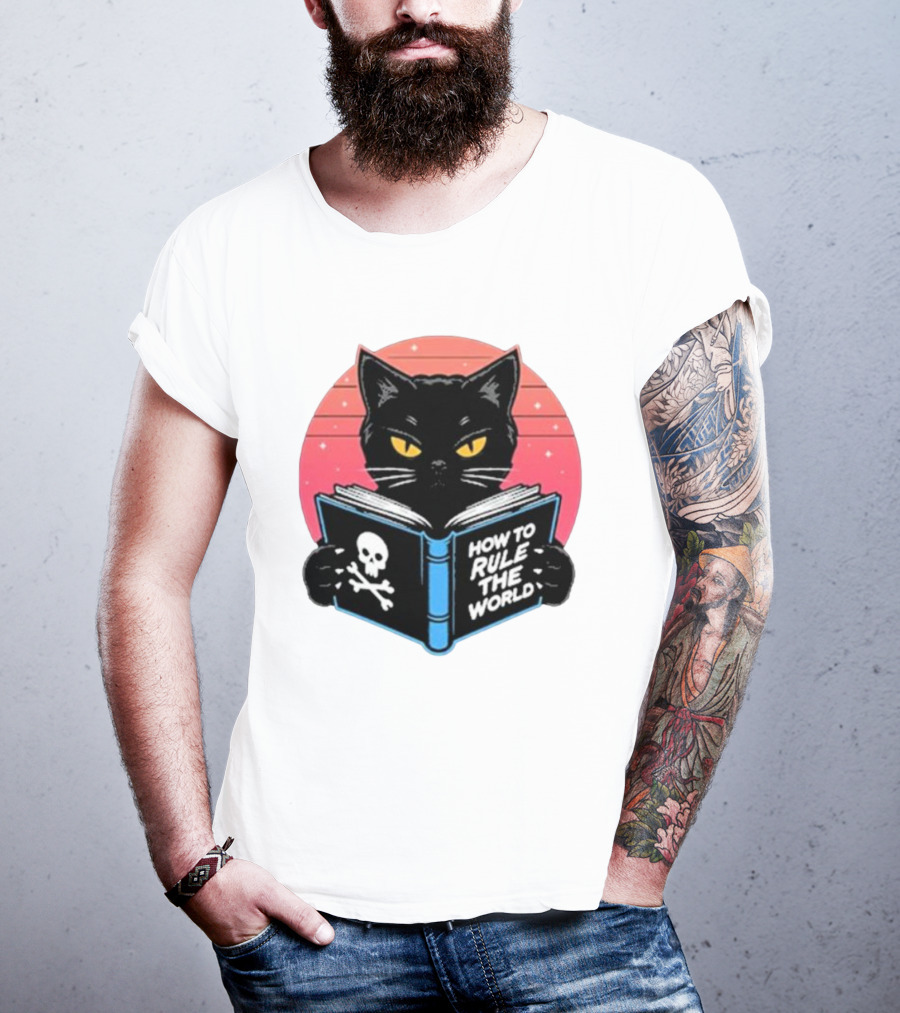How To Rule The World Black Cat Reading Book With Skull T-Shirt